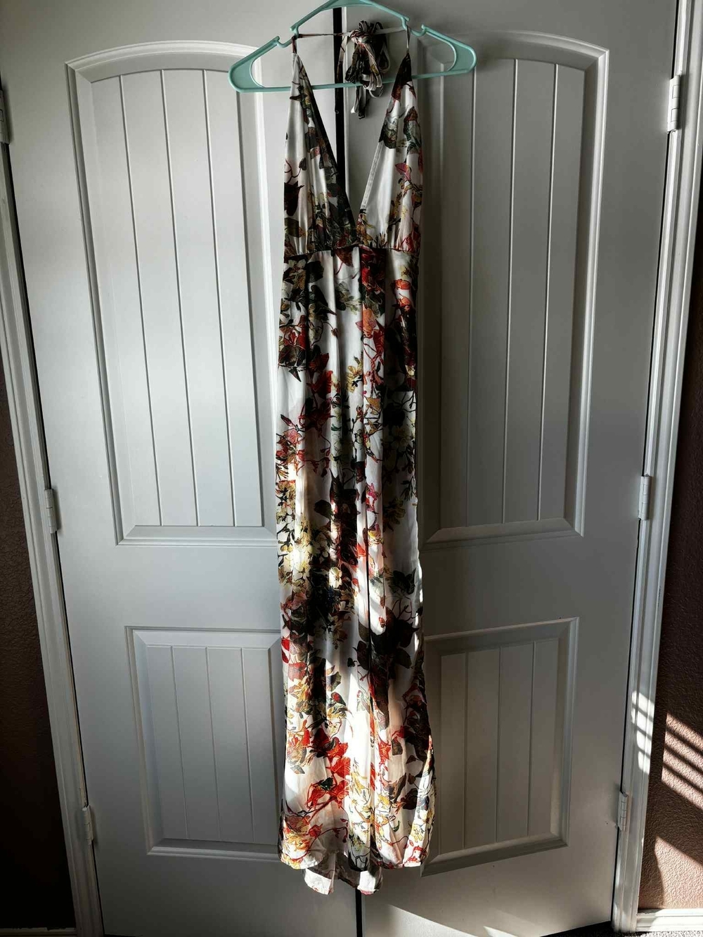 PrettyLittleThing White Floral Halter Maxi Dress with Red and Green Accents